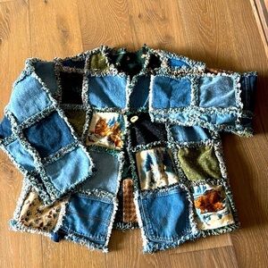 Boho Western Hand Crafted Denim Fringe Patchwork Jacket Coat Womens S-L Quirky